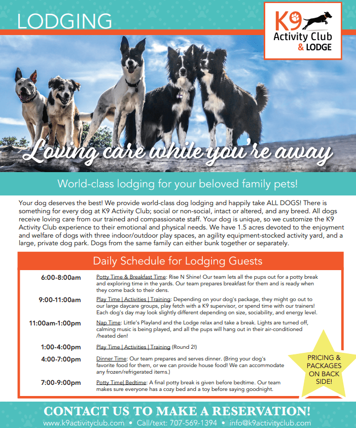 K9 Activity Club lodging schedule in Santa Rosa, CA